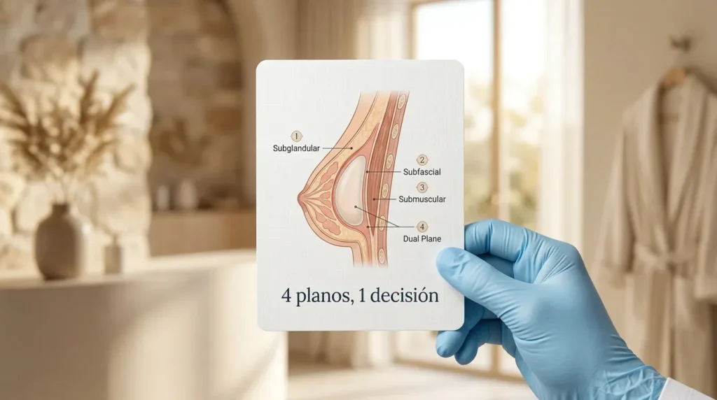Diagrama de los cuatro planos de colocación de implantes: subglandular, subfascial, submuscular y dual