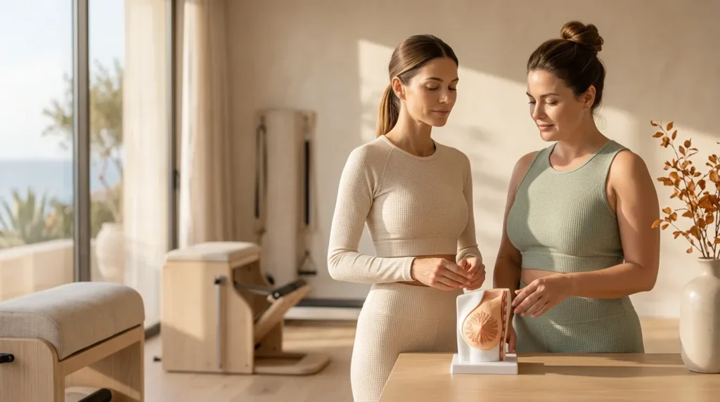 Mujeres deportistas consultando opciones de implantes mamarios según morfología antes de cirugía en Marbella