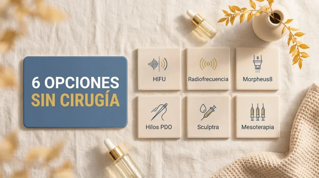 Tabla comparativa visual de seis tratamientos sin cirugía para la flacidez facial: HIFU, radiofrecuencia, Morpheus8, hilos PDO, Sculptra y mesoterapia
