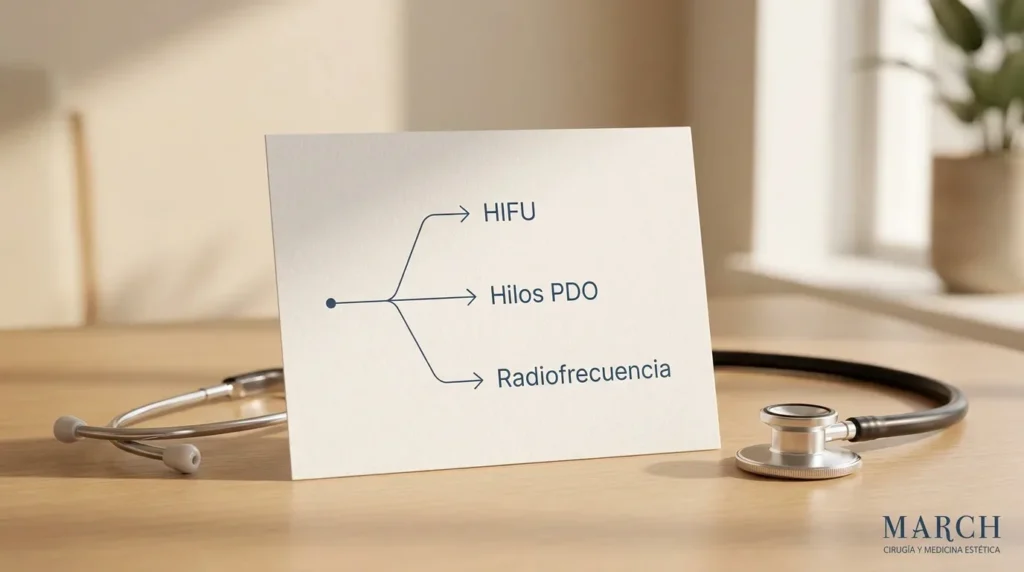 Árbol de decisión para elegir el tratamiento de flacidez facial sin cirugía más adecuado según el grado de laxitud y perfil del paciente